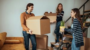 Drei Personen tragen Umzugskartons und eine Zimmerpflanze in eine Wohnung.