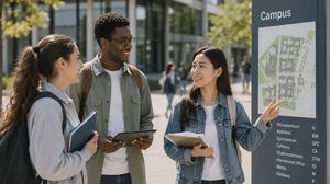 Drei Studierende stehen vor einem Campusplan und besprechen den Weg.