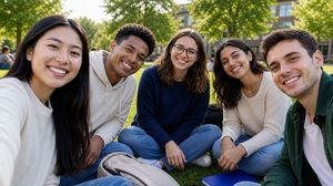 Fünf Studierende sitzen gemeinsam auf einer Wiese und lächeln in die Kamera.