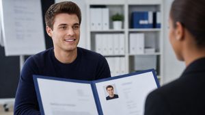 Bewerber sitzt einer Person gegenüber, die seine Bewerbungsunterlagen in der Hand hält.