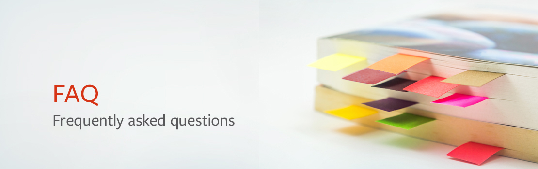 Header FAQ English, book with coloured markers and lettering "Frequently Asked Questions"